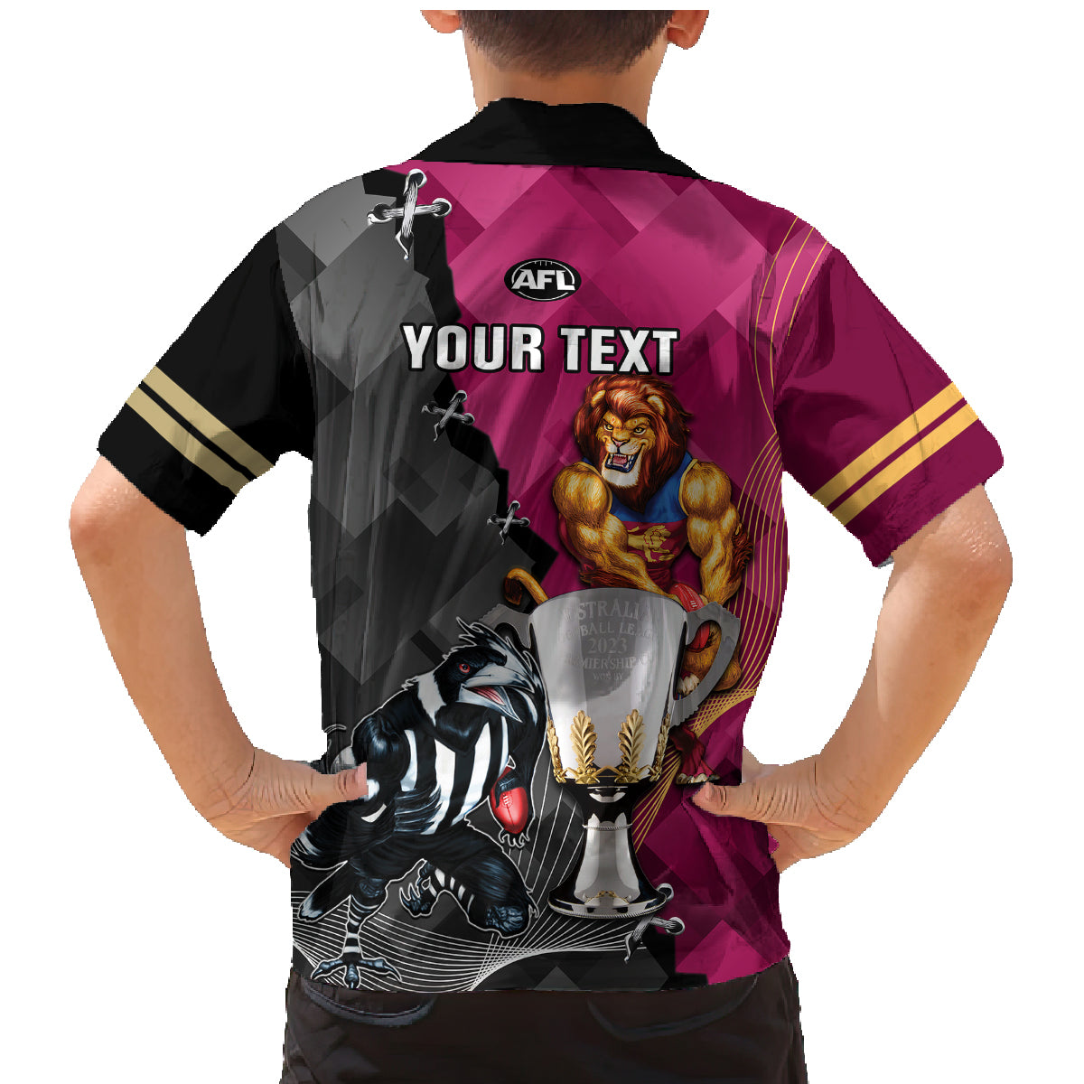 personalised-collingwood-and-lions-football-family-matching-mermaid-dress-and-hawaiian-shirt-2023-grand-final-magpies-brisbane-together