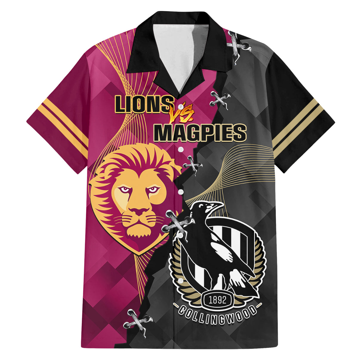 personalised-collingwood-and-lions-football-family-matching-mermaid-dress-and-hawaiian-shirt-2023-grand-final-magpies-brisbane-together