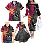 personalised-collingwood-and-lions-football-family-matching-off-shoulder-long-sleeve-dress-and-hawaiian-shirt-2023-grand-final-magpies-brisbane-together
