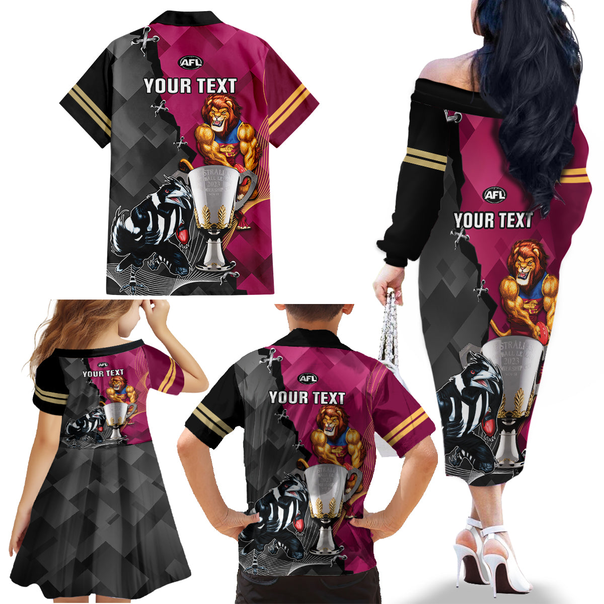 personalised-collingwood-and-lions-football-family-matching-off-shoulder-long-sleeve-dress-and-hawaiian-shirt-2023-grand-final-magpies-brisbane-together