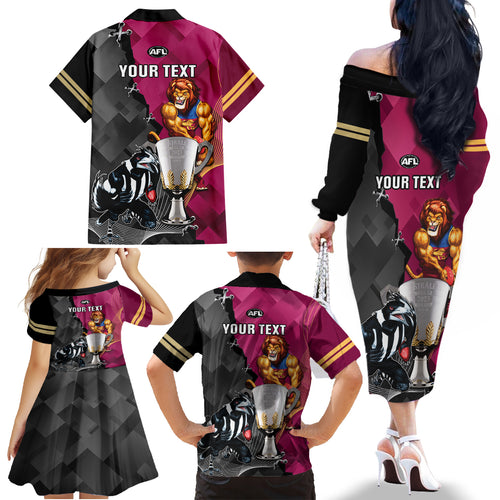 personalised-collingwood-and-lions-football-family-matching-off-shoulder-long-sleeve-dress-and-hawaiian-shirt-2023-grand-final-magpies-brisbane-together