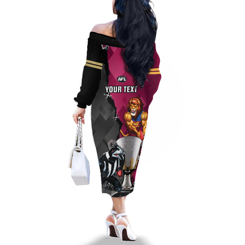 personalised-collingwood-and-lions-football-family-matching-off-shoulder-long-sleeve-dress-and-hawaiian-shirt-2023-grand-final-magpies-brisbane-together