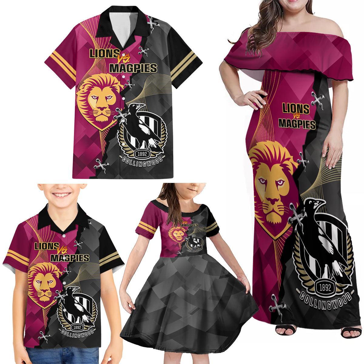 personalised-collingwood-and-lions-football-family-matching-off-shoulder-maxi-dress-and-hawaiian-shirt-2023-grand-final-magpies-brisbane-together