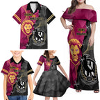 personalised-collingwood-and-lions-football-family-matching-off-shoulder-maxi-dress-and-hawaiian-shirt-2023-grand-final-magpies-brisbane-together