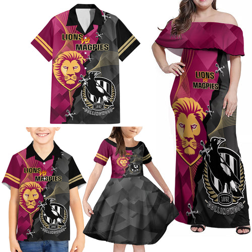 personalised-collingwood-and-lions-football-family-matching-off-shoulder-maxi-dress-and-hawaiian-shirt-2023-grand-final-magpies-brisbane-together