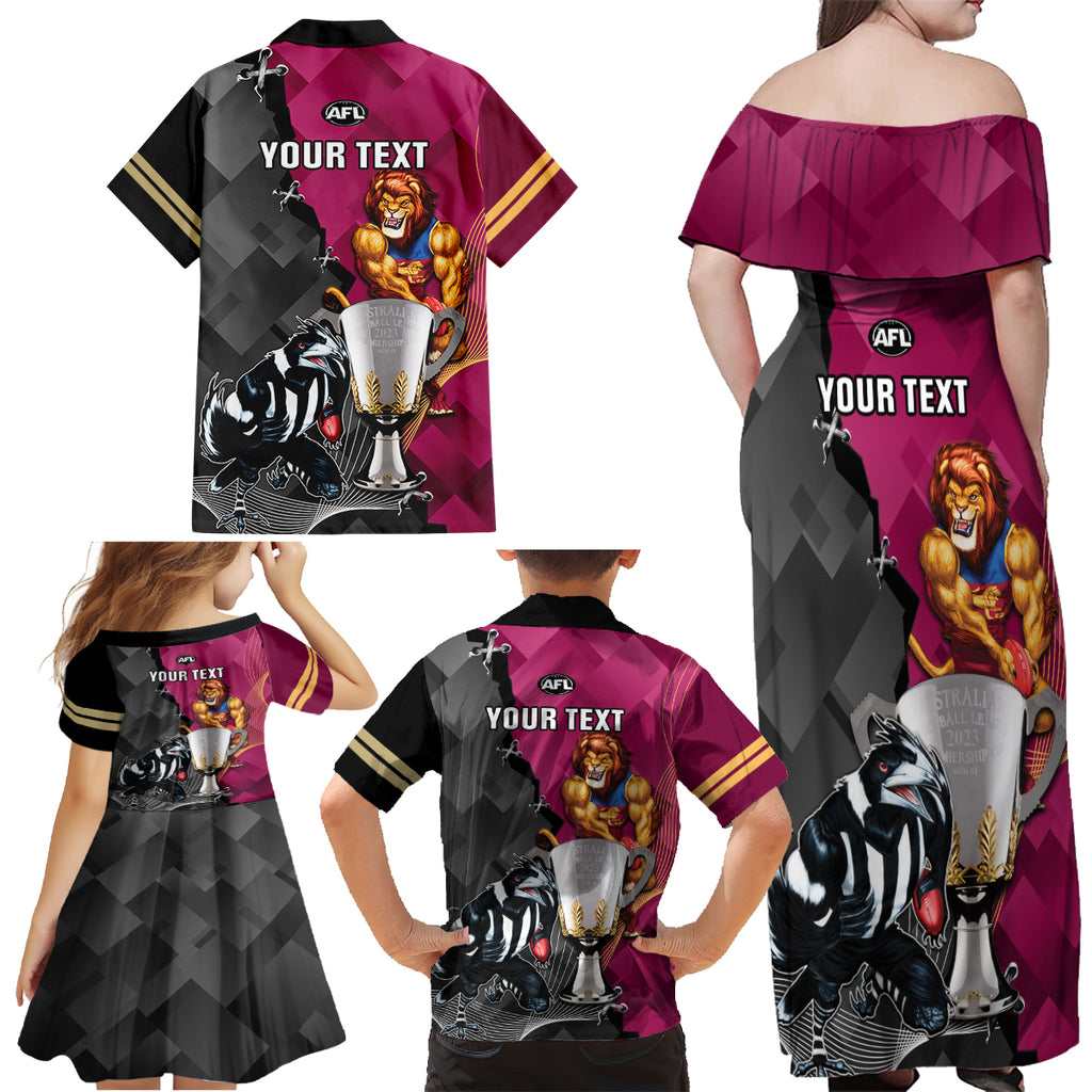 personalised-collingwood-and-lions-football-family-matching-off-shoulder-maxi-dress-and-hawaiian-shirt-2023-grand-final-magpies-brisbane-together
