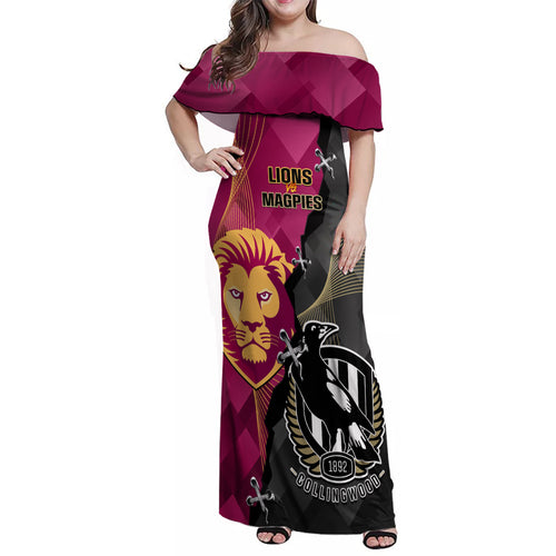 personalised-collingwood-and-lions-football-family-matching-off-shoulder-maxi-dress-and-hawaiian-shirt-2023-grand-final-magpies-brisbane-together