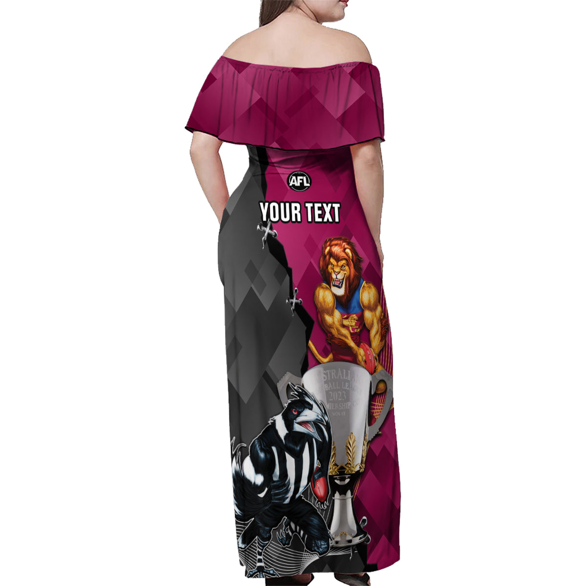 personalised-collingwood-and-lions-football-family-matching-off-shoulder-maxi-dress-and-hawaiian-shirt-2023-grand-final-magpies-brisbane-together