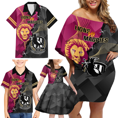 personalised-collingwood-and-lions-football-family-matching-off-shoulder-short-dress-and-hawaiian-shirt-2023-grand-final-magpies-brisbane-together