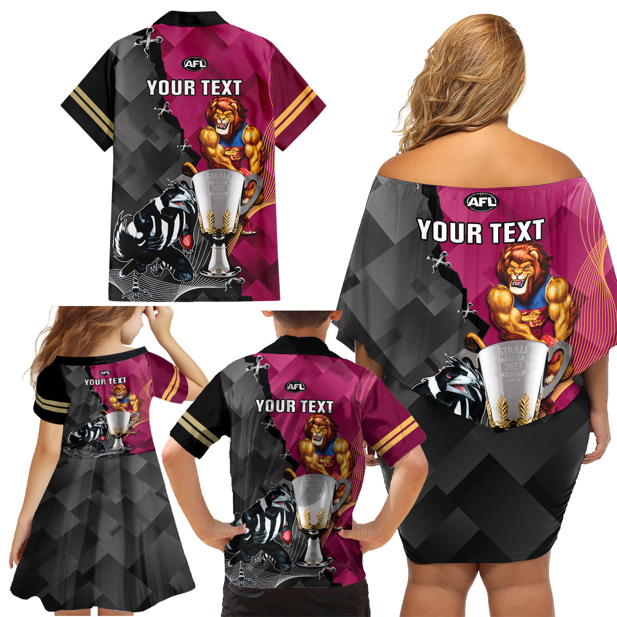 personalised-collingwood-and-lions-football-family-matching-off-shoulder-short-dress-and-hawaiian-shirt-2023-grand-final-magpies-brisbane-together