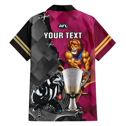 personalised-collingwood-and-lions-football-family-matching-off-shoulder-short-dress-and-hawaiian-shirt-2023-grand-final-magpies-brisbane-together