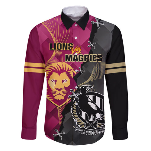 personalised-collingwood-and-lions-football-family-matching-off-shoulder-short-dress-and-hawaiian-shirt-2023-grand-final-magpies-brisbane-together