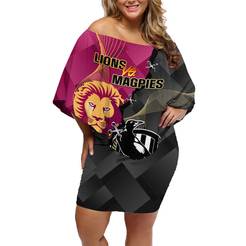personalised-collingwood-and-lions-football-family-matching-off-shoulder-short-dress-and-hawaiian-shirt-2023-grand-final-magpies-brisbane-together