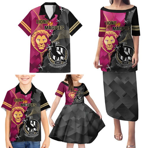 personalised-collingwood-and-lions-football-family-matching-puletasi-dress-and-hawaiian-shirt-2023-grand-final-magpies-brisbane-together