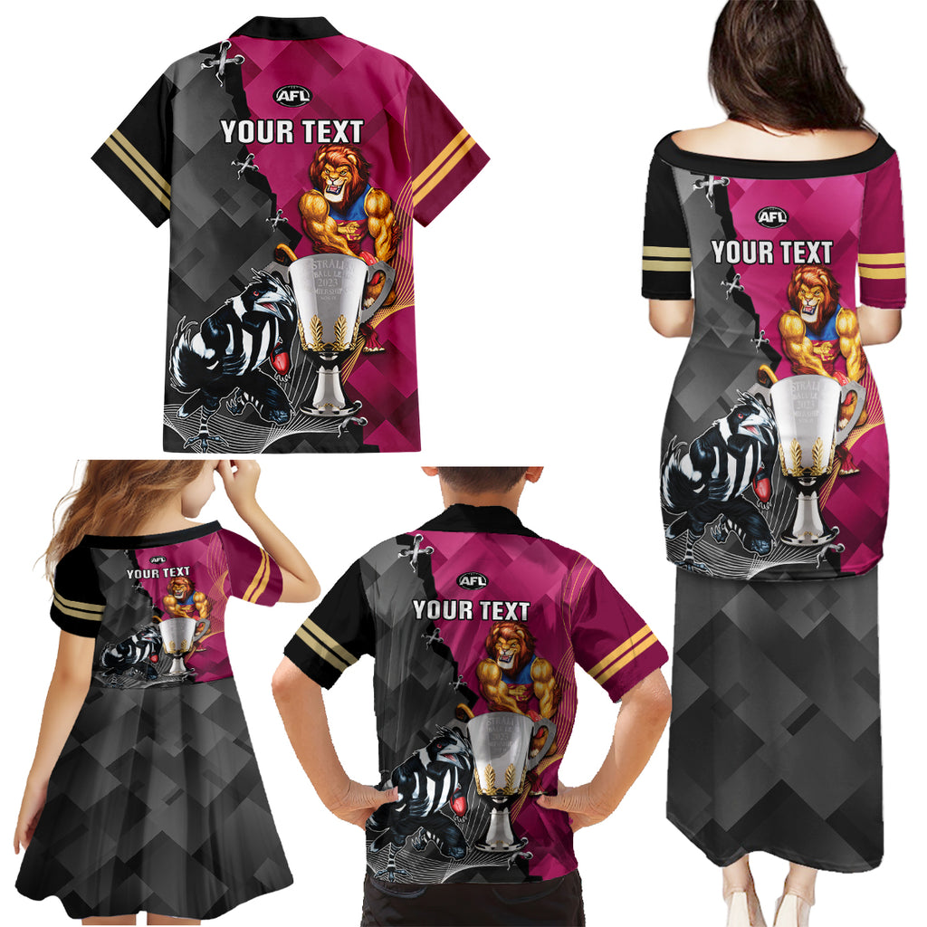 personalised-collingwood-and-lions-football-family-matching-puletasi-dress-and-hawaiian-shirt-2023-grand-final-magpies-brisbane-together