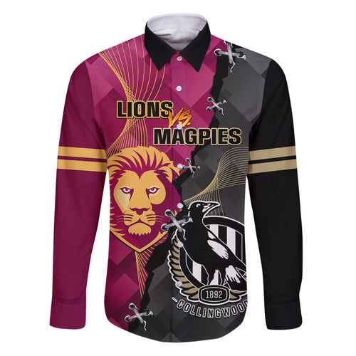personalised-collingwood-and-lions-football-family-matching-puletasi-dress-and-hawaiian-shirt-2023-grand-final-magpies-brisbane-together