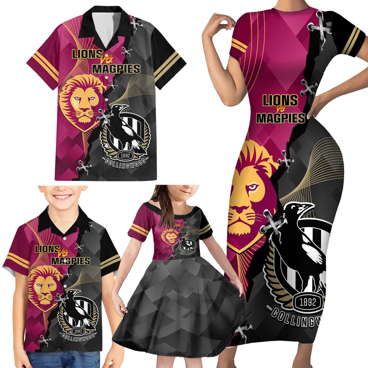 personalised-collingwood-and-lions-football-family-matching-short-sleeve-bodycon-dress-and-hawaiian-shirt-2023-grand-final-magpies-brisbane-together