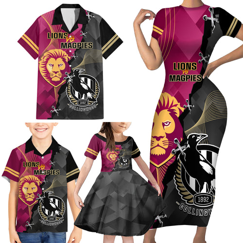 personalised-collingwood-and-lions-football-family-matching-short-sleeve-bodycon-dress-and-hawaiian-shirt-2023-grand-final-magpies-brisbane-together