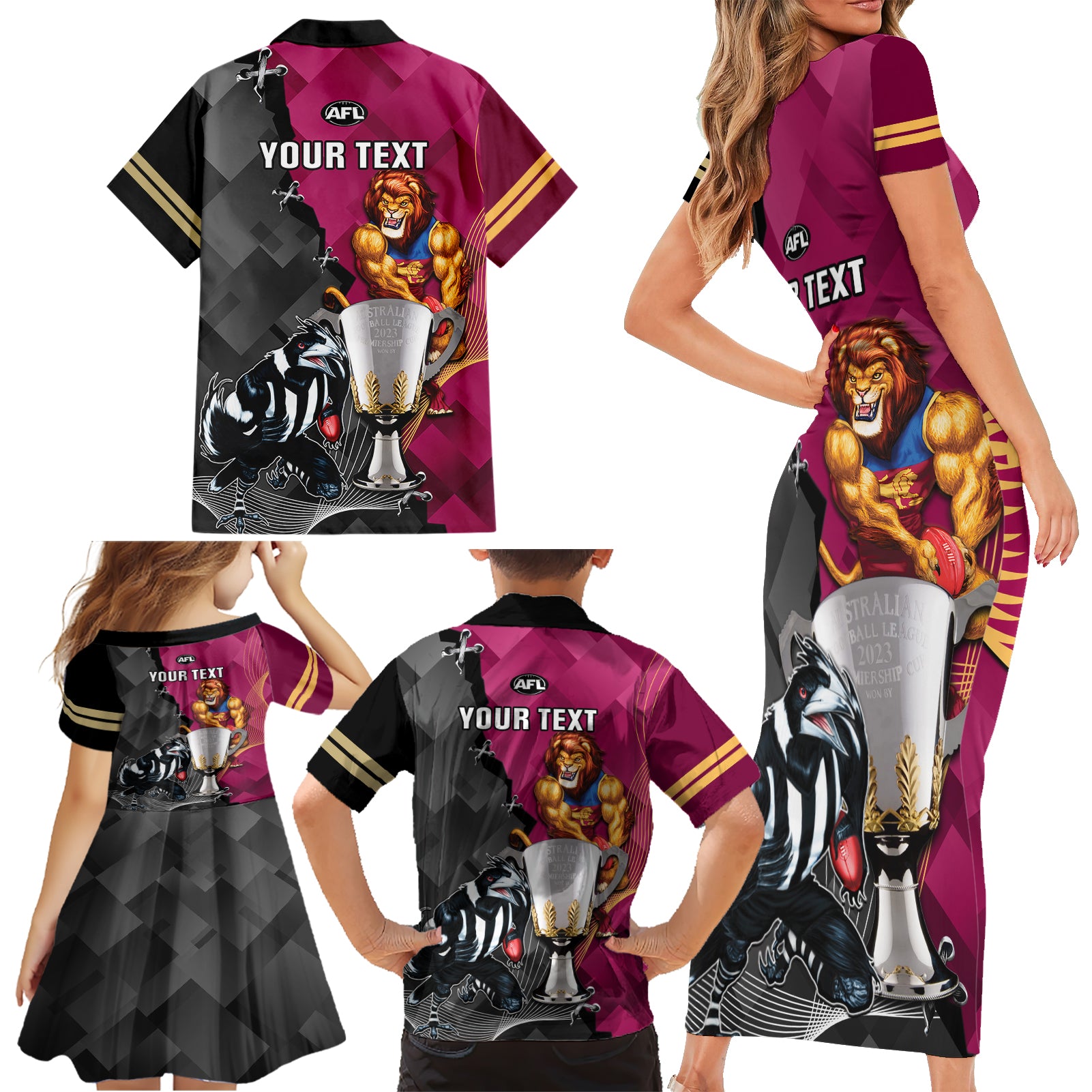 personalised-collingwood-and-lions-football-family-matching-short-sleeve-bodycon-dress-and-hawaiian-shirt-2023-grand-final-magpies-brisbane-together