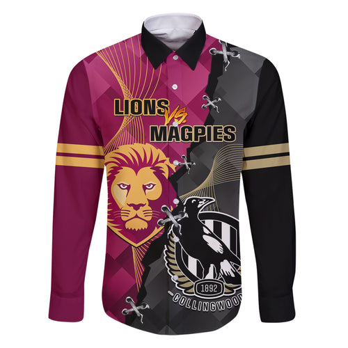 personalised-collingwood-and-lions-football-family-matching-short-sleeve-bodycon-dress-and-hawaiian-shirt-2023-grand-final-magpies-brisbane-together