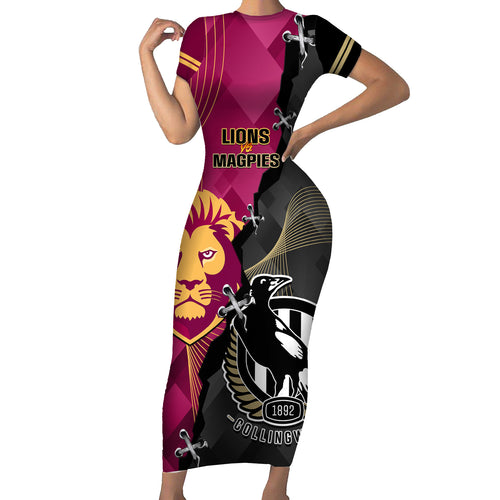 personalised-collingwood-and-lions-football-family-matching-short-sleeve-bodycon-dress-and-hawaiian-shirt-2023-grand-final-magpies-brisbane-together
