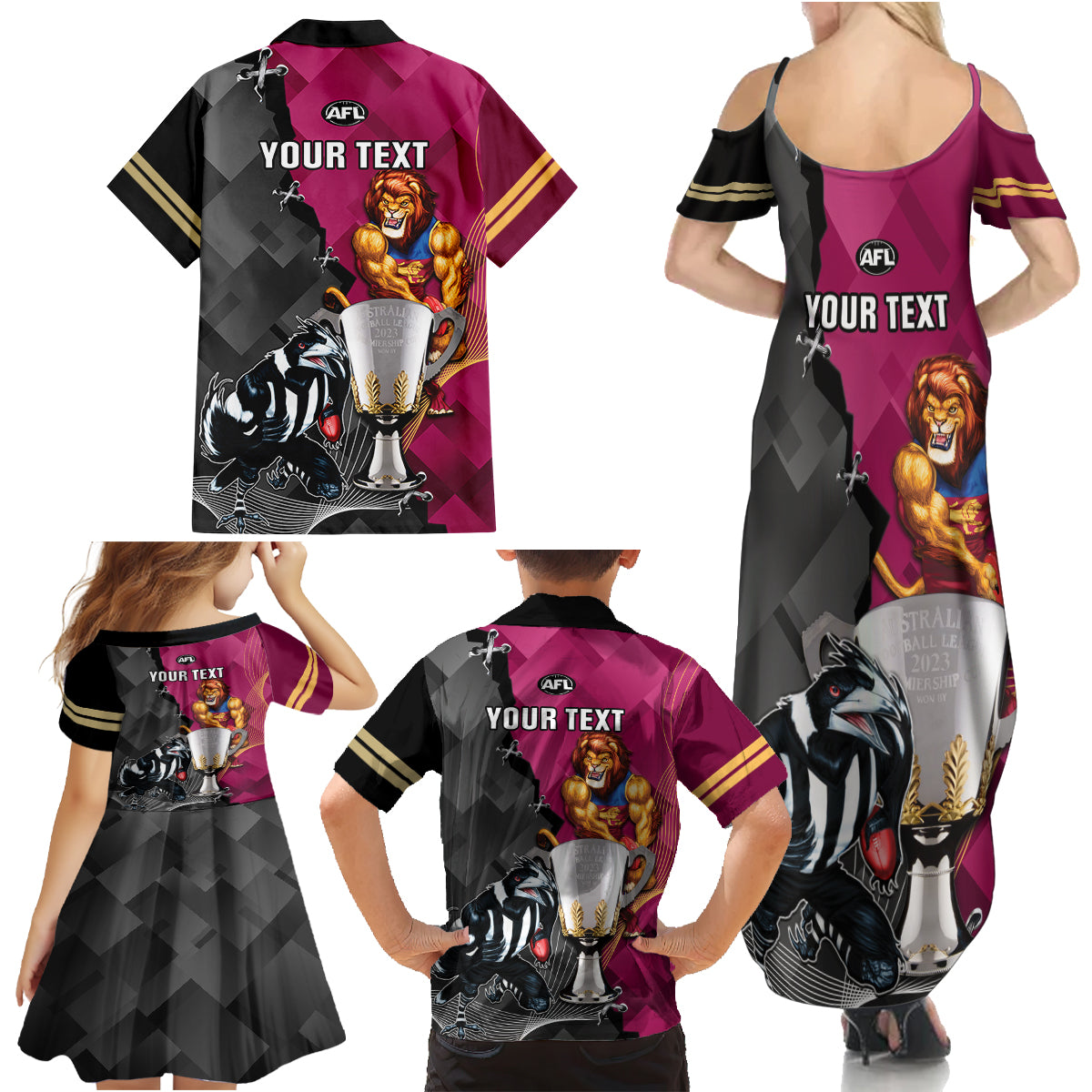 personalised-collingwood-and-lions-football-family-matching-summer-maxi-dress-and-hawaiian-shirt-2023-grand-final-magpies-brisbane-together