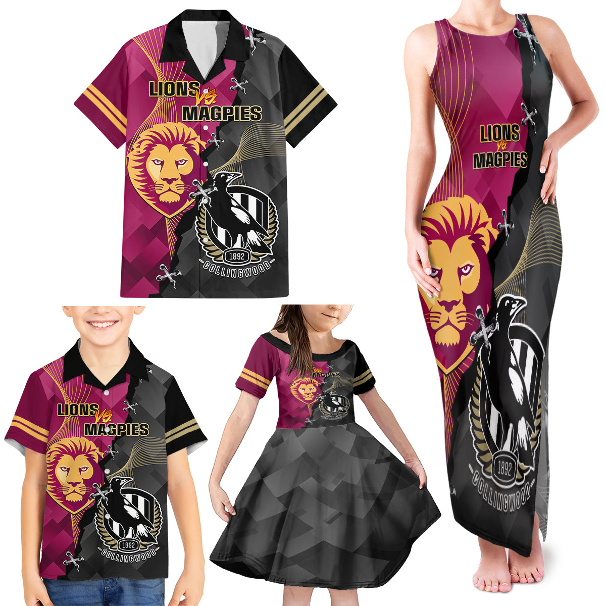 personalised-collingwood-and-lions-football-family-matching-tank-maxi-dress-and-hawaiian-shirt-2023-grand-final-magpies-brisbane-together