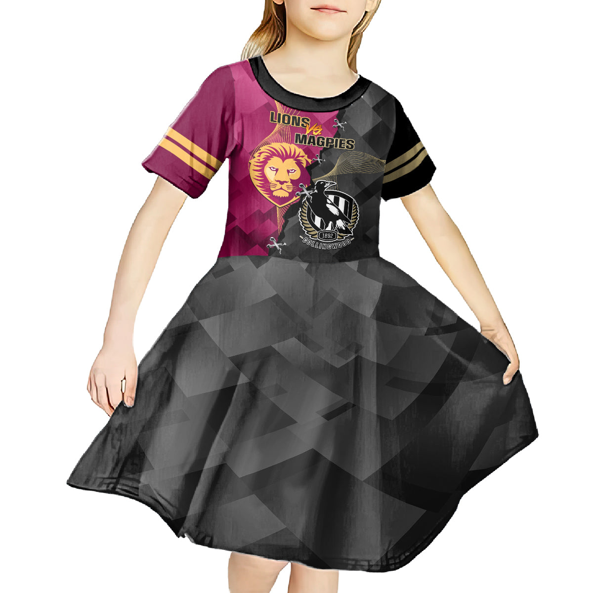 personalised-collingwood-and-lions-football-kid-short-sleeve-dress-2023-grand-final-magpies-brisbane-together