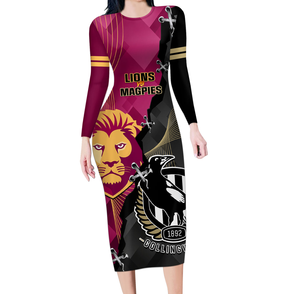 personalised-collingwood-and-lions-football-long-sleeve-bodycon-dress-2023-grand-final-magpies-brisbane-together