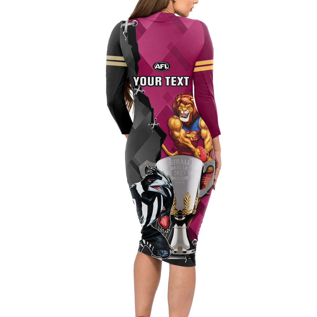 personalised-collingwood-and-lions-football-long-sleeve-bodycon-dress-2023-grand-final-magpies-brisbane-together