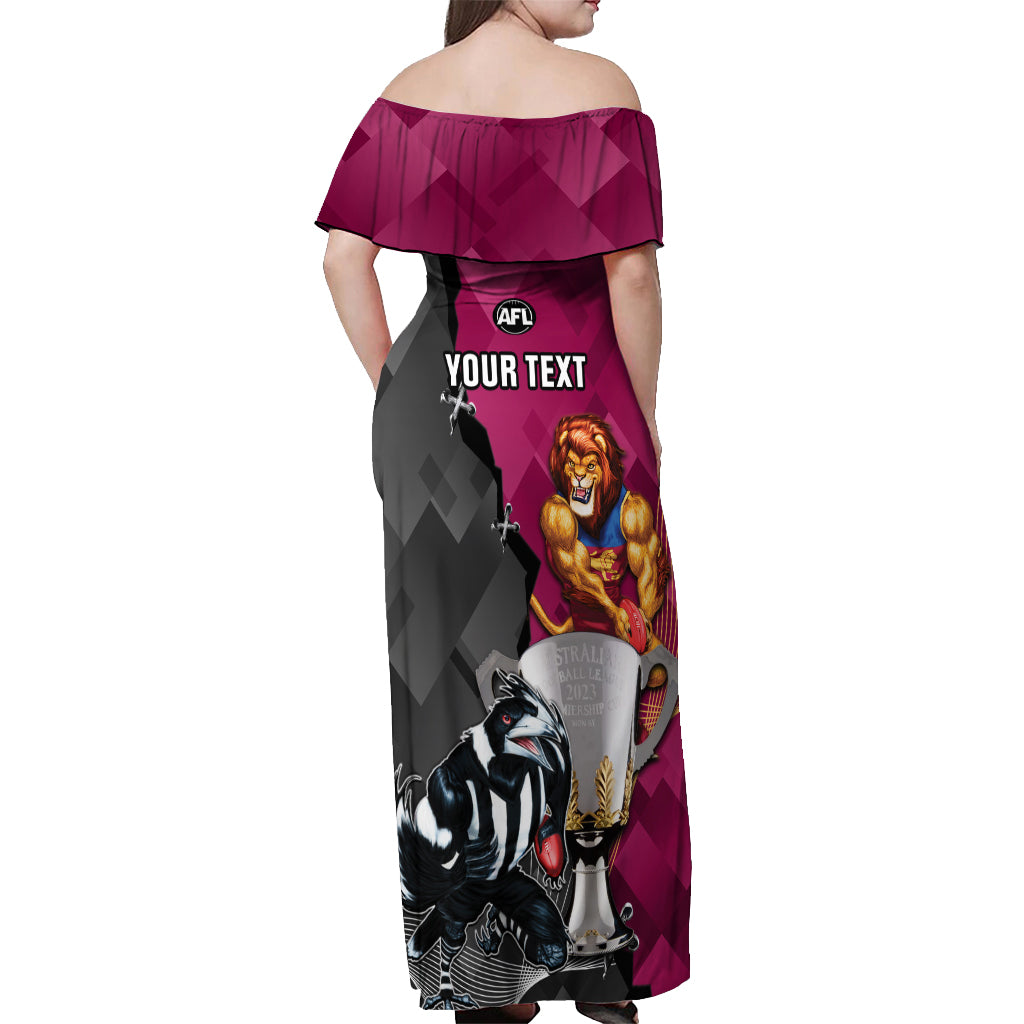 personalised-collingwood-and-lions-football-off-shoulder-maxi-dress-2023-grand-final-magpies-brisbane-together