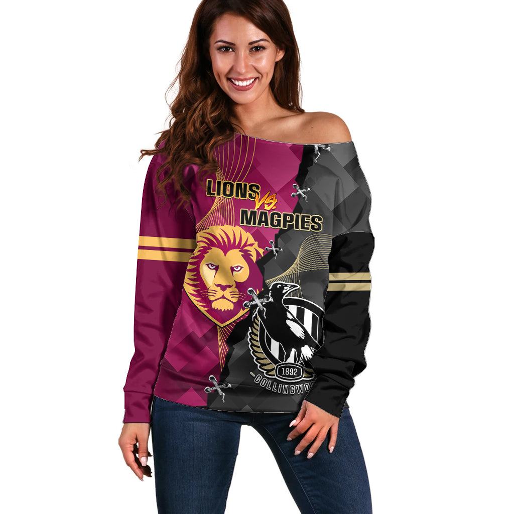 personalised-collingwood-and-lions-football-off-shoulder-sweater-2023-grand-final-magpies-brisbane-together