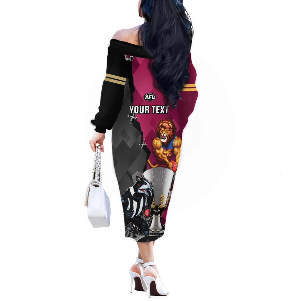personalised-collingwood-and-lions-football-off-the-shoulder-long-sleeve-dress-2023-grand-final-magpies-brisbane-together