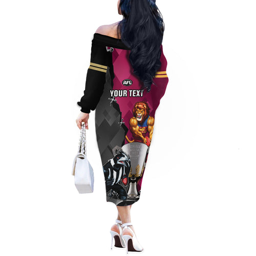 personalised-collingwood-and-lions-football-off-the-shoulder-long-sleeve-dress-2023-grand-final-magpies-brisbane-together