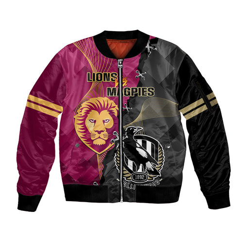 personalised-collingwood-and-lions-football-sleeve-zip-bomber-jacket-2023-grand-final-magpies-brisbane-together