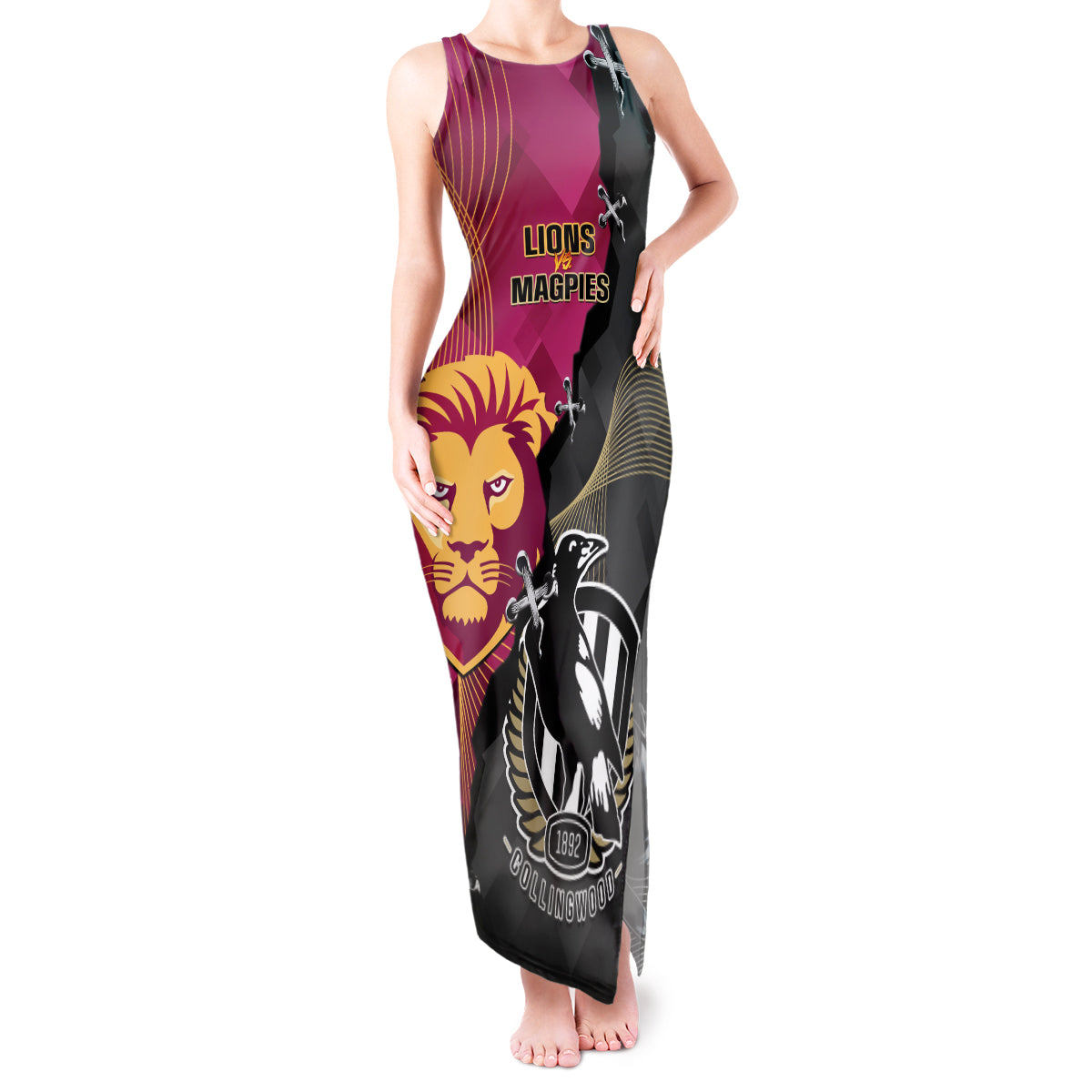 personalised-collingwood-and-lions-football-tank-maxi-dress-2023-grand-final-magpies-brisbane-together