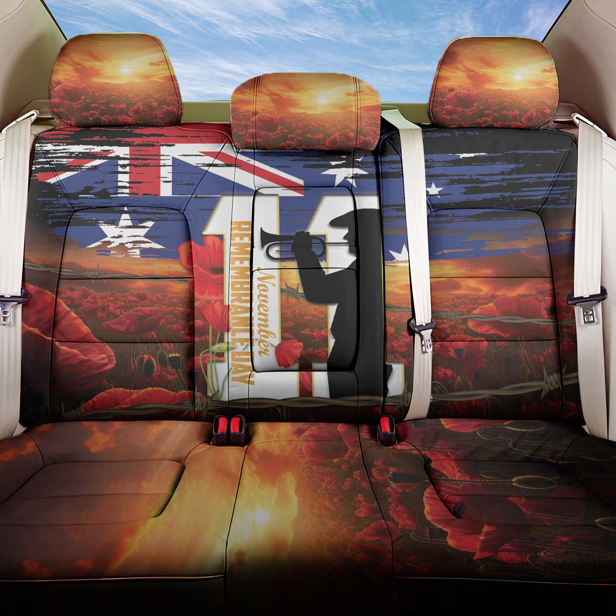 Australia Rememberance Day Back Car Seat Cover 11 November Poppy Field With Last Post