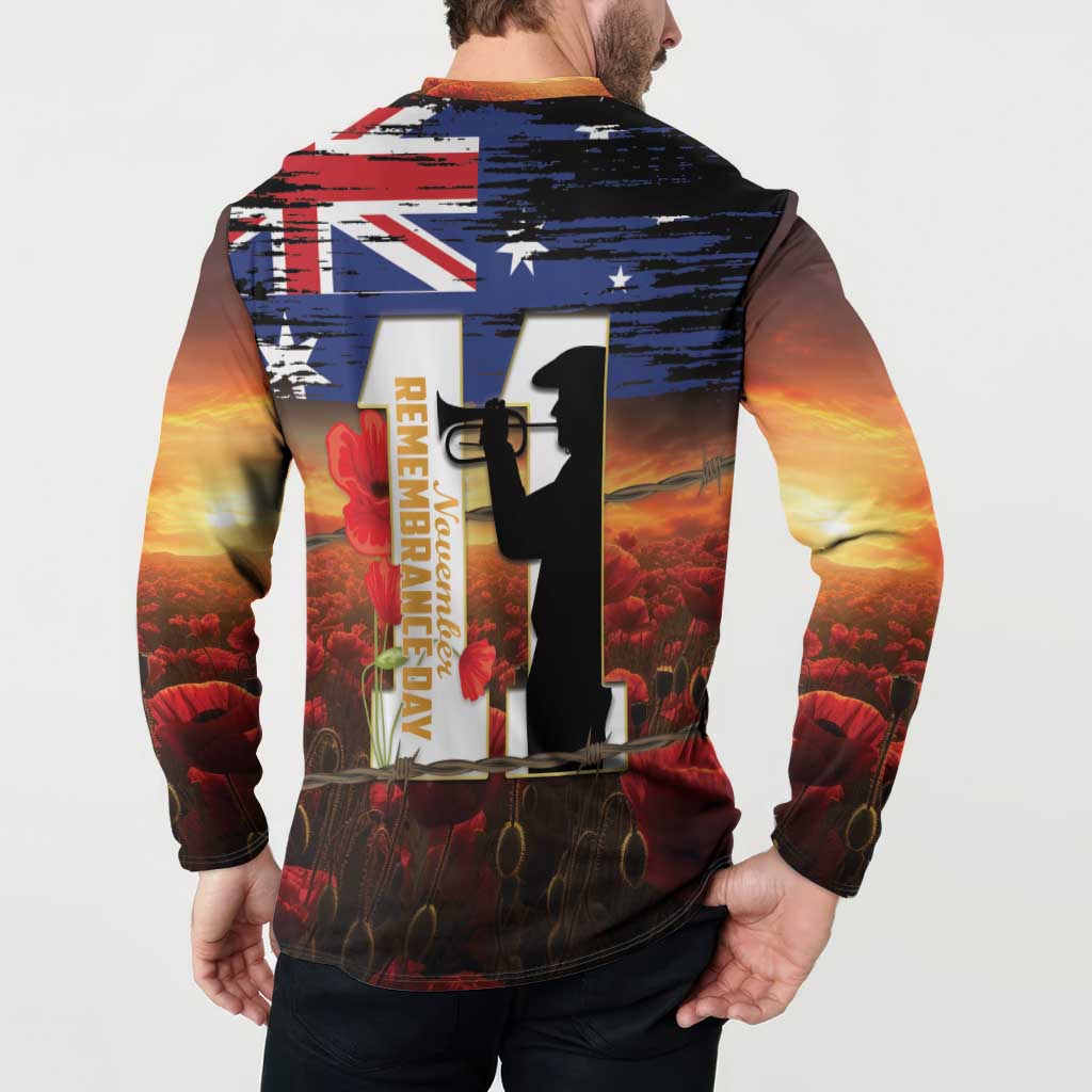Australia Rememberance Day Button Sweatshirt 11 November Poppy Field With Last Post