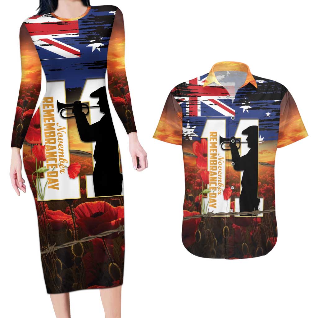 Australia Rememberance Day Couples Matching Long Sleeve Bodycon Dress and Hawaiian Shirt 11 November Poppy Field With Last Post