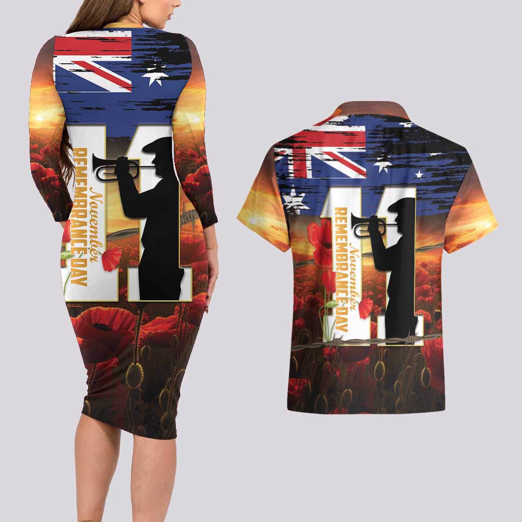 Australia Rememberance Day Couples Matching Long Sleeve Bodycon Dress and Hawaiian Shirt 11 November Poppy Field With Last Post