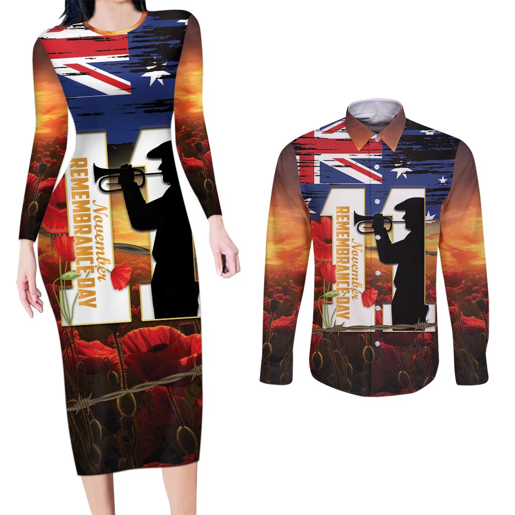 Australia Rememberance Day Couples Matching Long Sleeve Bodycon Dress and Long Sleeve Button Shirt 11 November Poppy Field With Last Post