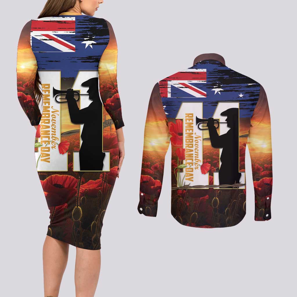 Australia Rememberance Day Couples Matching Long Sleeve Bodycon Dress and Long Sleeve Button Shirt 11 November Poppy Field With Last Post