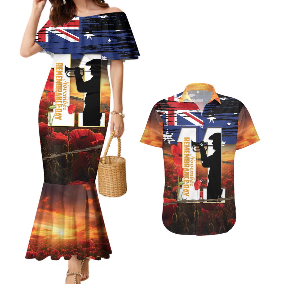 Australia Rememberance Day Couples Matching Mermaid Dress and Hawaiian Shirt 11 November Poppy Field With Last Post