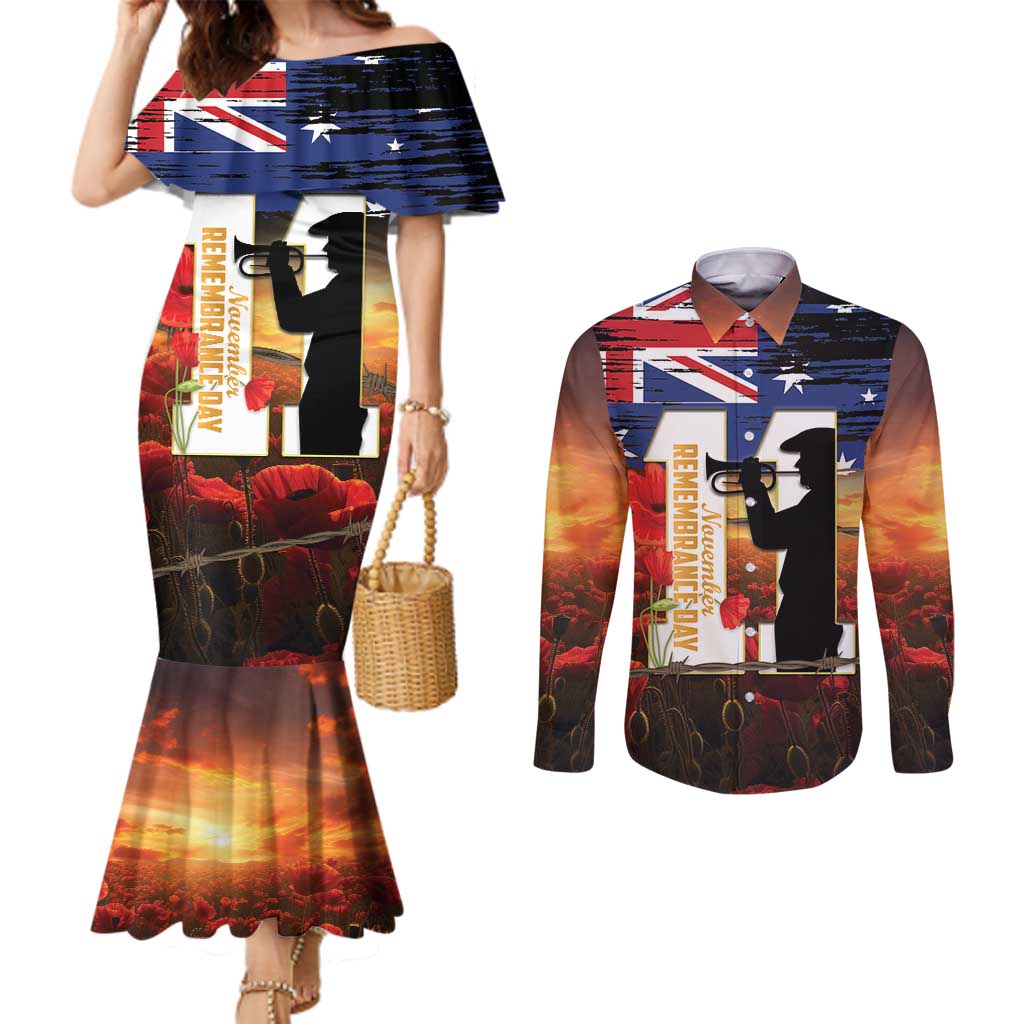 Australia Rememberance Day Couples Matching Mermaid Dress and Long Sleeve Button Shirt 11 November Poppy Field With Last Post