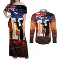 Australia Rememberance Day Couples Matching Off Shoulder Maxi Dress and Long Sleeve Button Shirt 11 November Poppy Field With Last Post