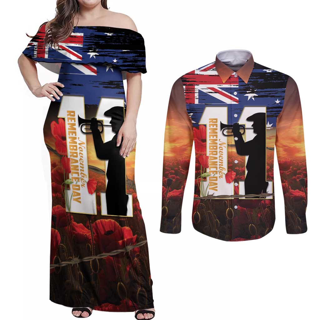 Australia Rememberance Day Couples Matching Off Shoulder Maxi Dress and Long Sleeve Button Shirt 11 November Poppy Field With Last Post