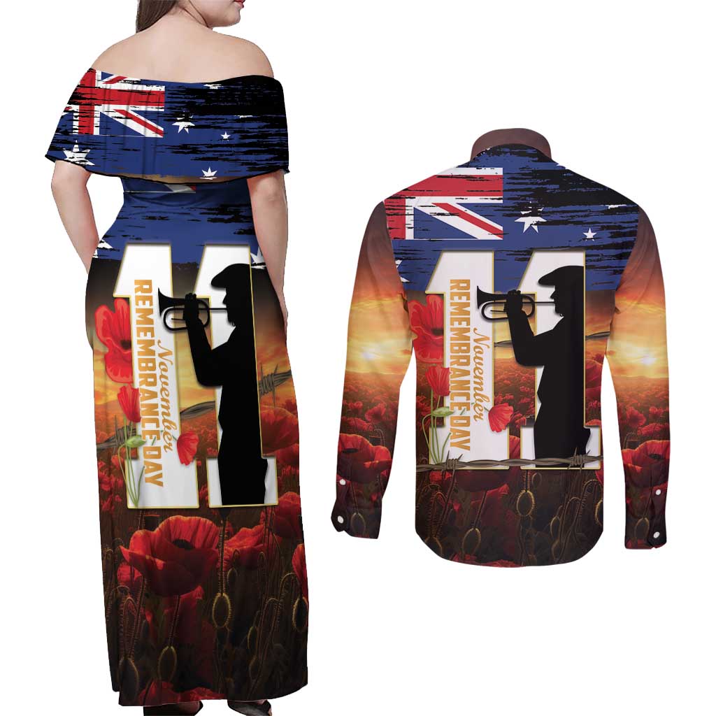 Australia Rememberance Day Couples Matching Off Shoulder Maxi Dress and Long Sleeve Button Shirt 11 November Poppy Field With Last Post