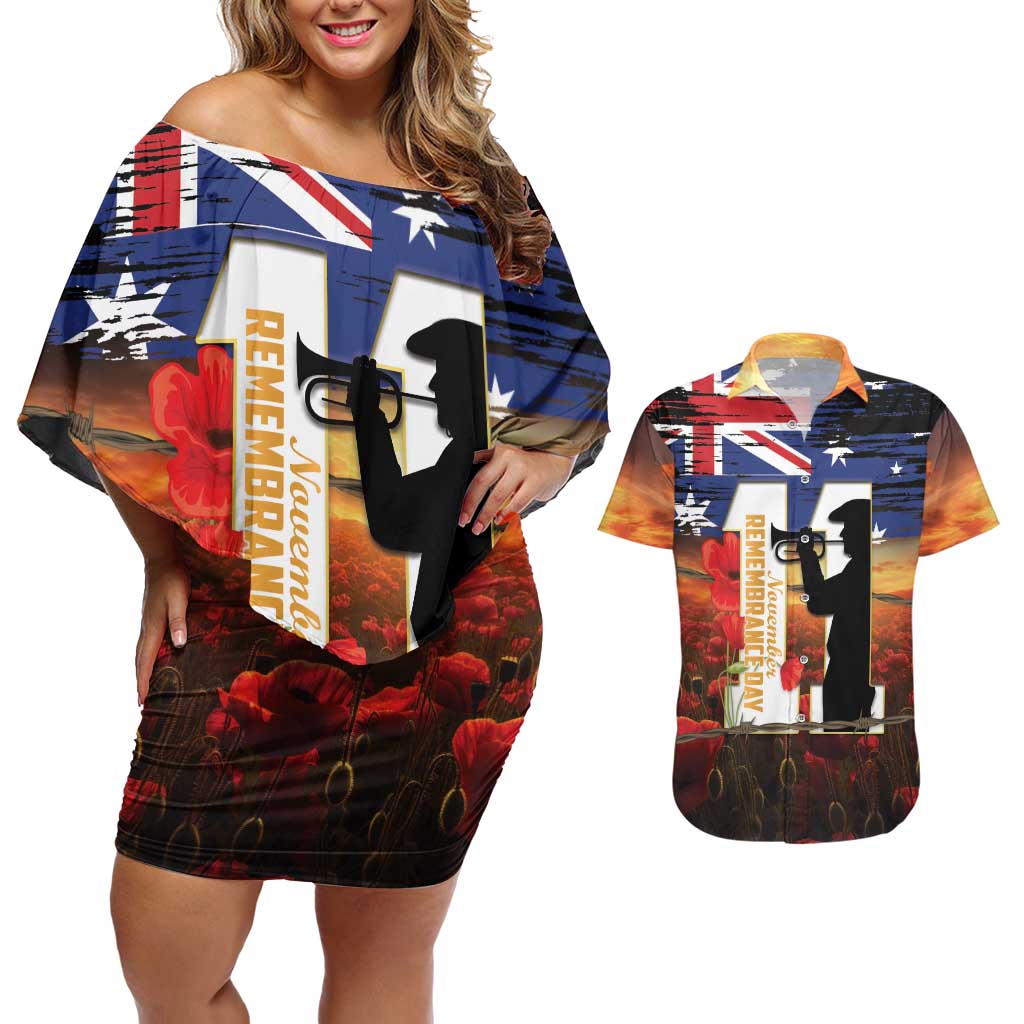 Australia Rememberance Day Couples Matching Off Shoulder Short Dress and Hawaiian Shirt 11 November Poppy Field With Last Post