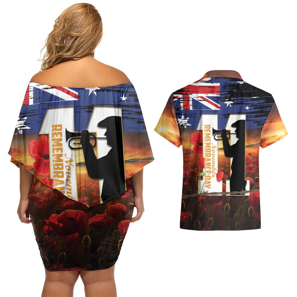 Australia Rememberance Day Couples Matching Off Shoulder Short Dress and Hawaiian Shirt 11 November Poppy Field With Last Post