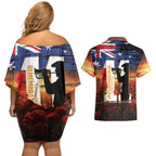 Australia Rememberance Day Couples Matching Off Shoulder Short Dress and Hawaiian Shirt 11 November Poppy Field With Last Post